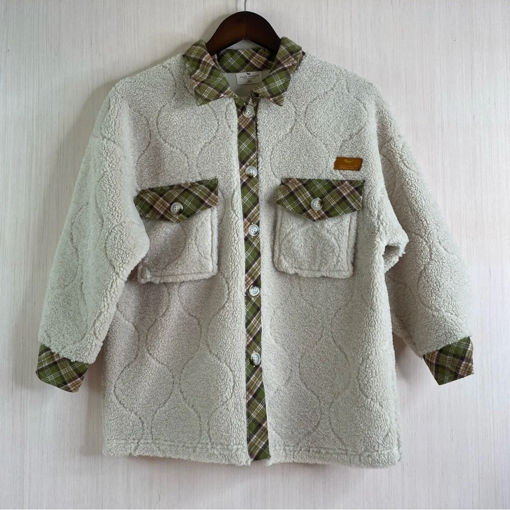 Simply Southern Youth Quilted Sherpa Jacket with Green Plaid Trim Youth Large